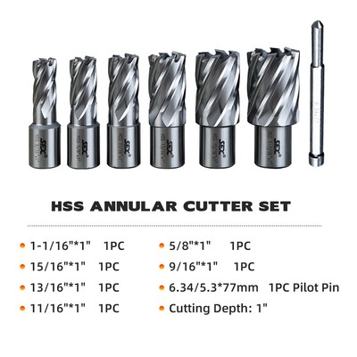 US Stock HSS Annular Cutter Kit 6pcs Inside Box High Speed Steel Drill 1'' Depth