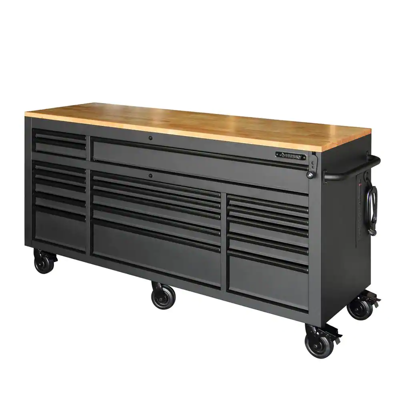 Work Bench Tool Chest Hard Wood Solid Top 72x24 in 18 Drawer Matte Black Rolling