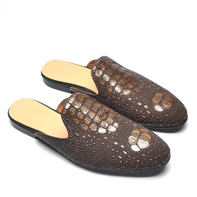 Men'S Flat Mules Slippers Slip on Genuine Leather Luxury Crocodile Style Loafer