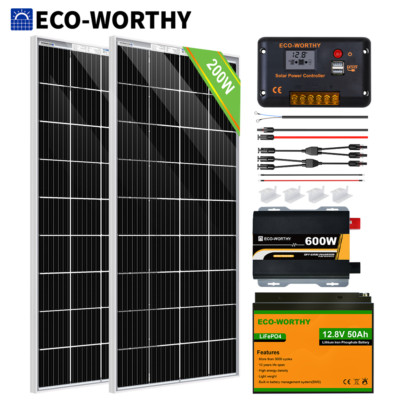 ECO-WORTHY 200W 400W 800W Watt 12V Solar Panel Kit LiFePO4 Battery Home Off Grid