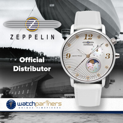 Pre-owned Zeppelin Luna Ladies Watch Swiss Quartz Swarovski Moon Phase Silver Dial 7637-1