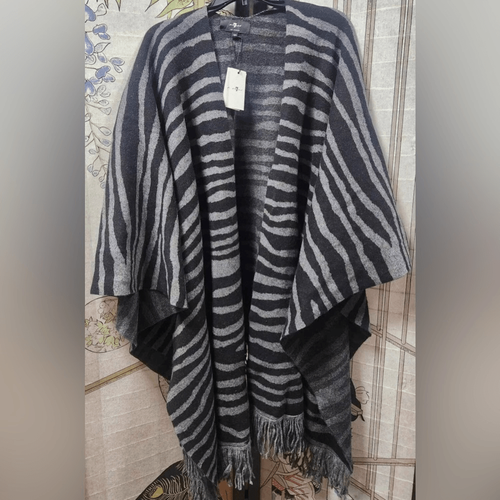 Pre-owned 7 For All Mankind Fringe Edge Zebra Wrap Poncho Msrp $425 Cashmere Blend In Gray