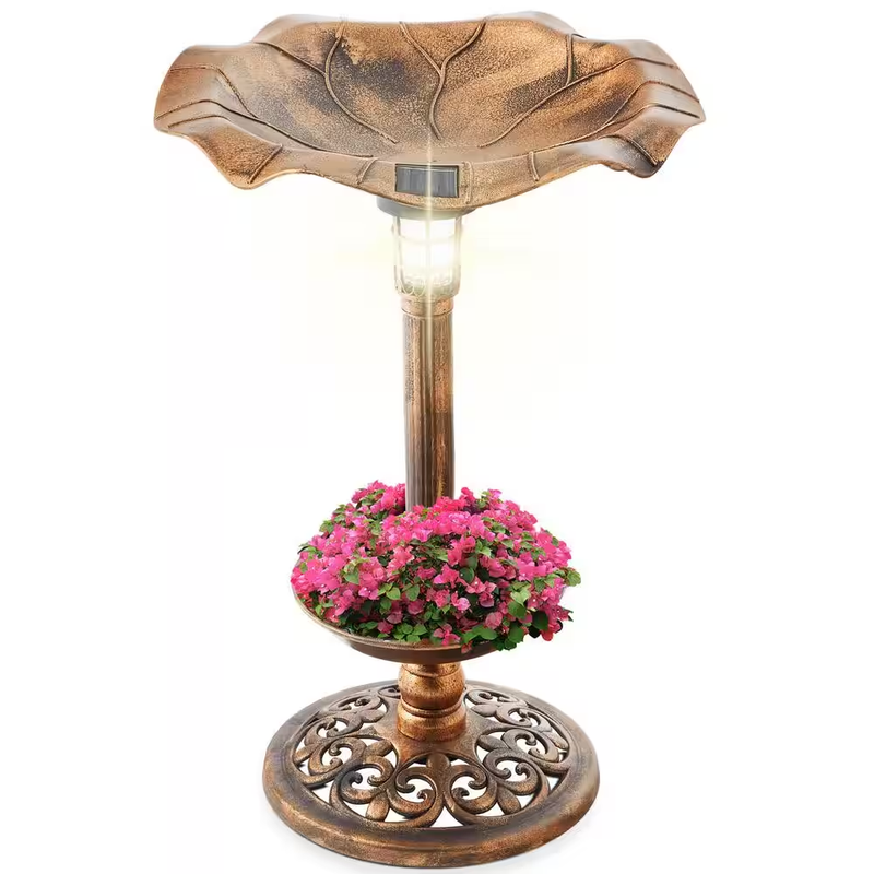 Bronze Solar Lighted Pedestal Birdbath W/Planter, Integrated Panel