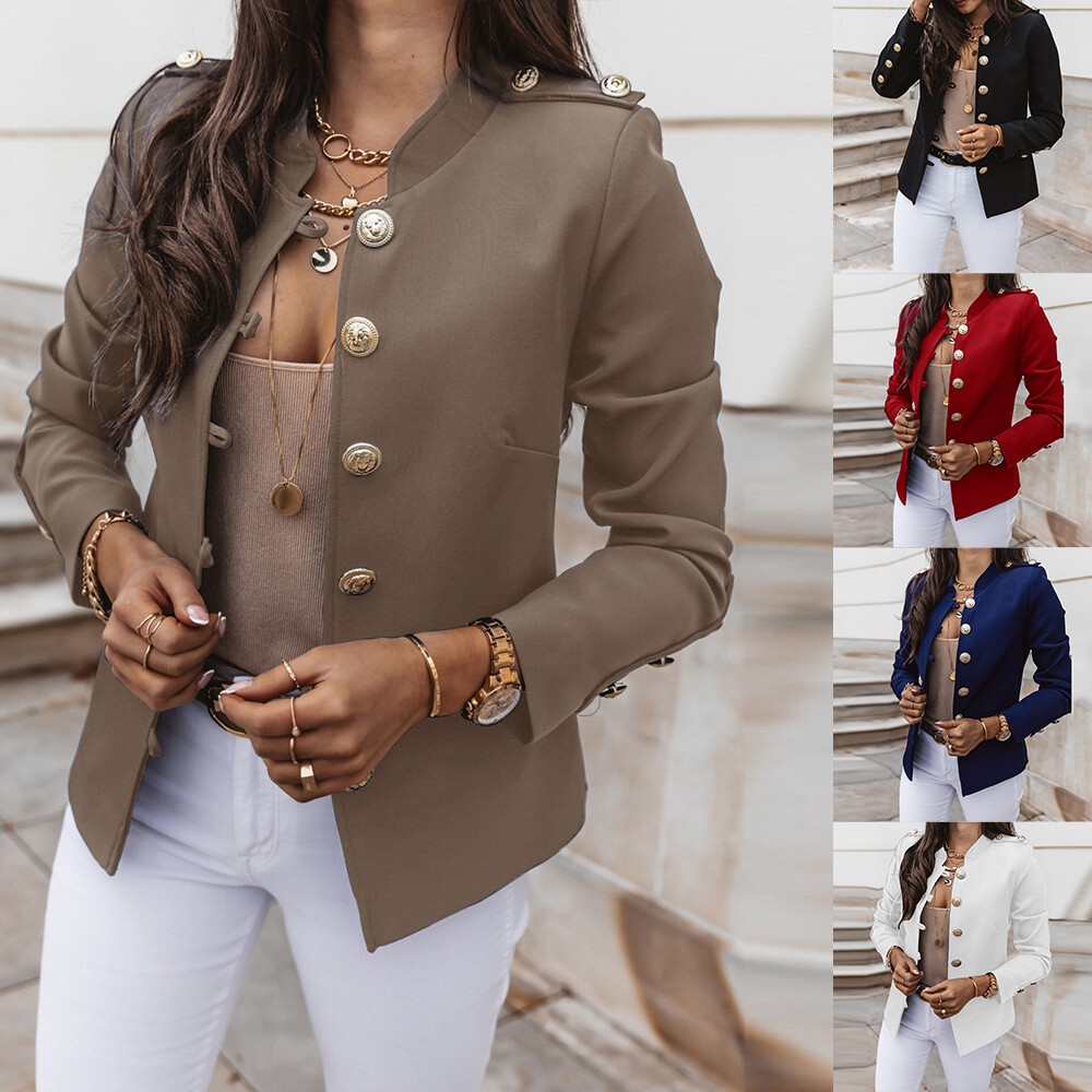 Womens Military Button Jacket Ladies Slim Fit OL Work Office Blazer Coat Suit
