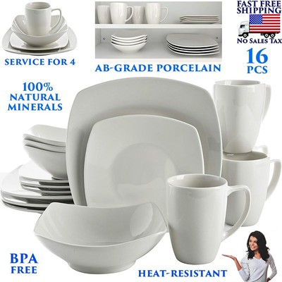 16 PCS SQUARE DINNERWARE DINING SET PORCELAIN TABLEWARE PLATES BOWLS MUGS