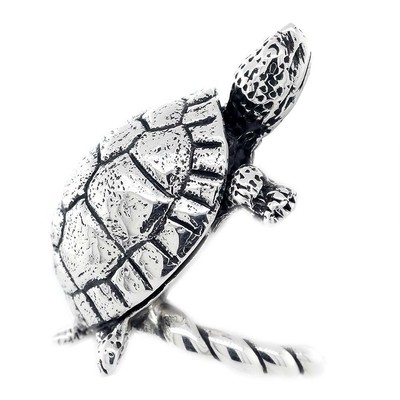 Pre-owned Silver 42mm Turtle Rope Ring With Black In Sterling