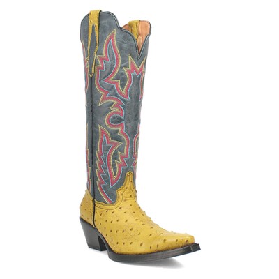 Pre-owned Dingo Selene Ostrich Print Snip Toe Cowboy Womens Blue, Yellow Casual Boots Di2