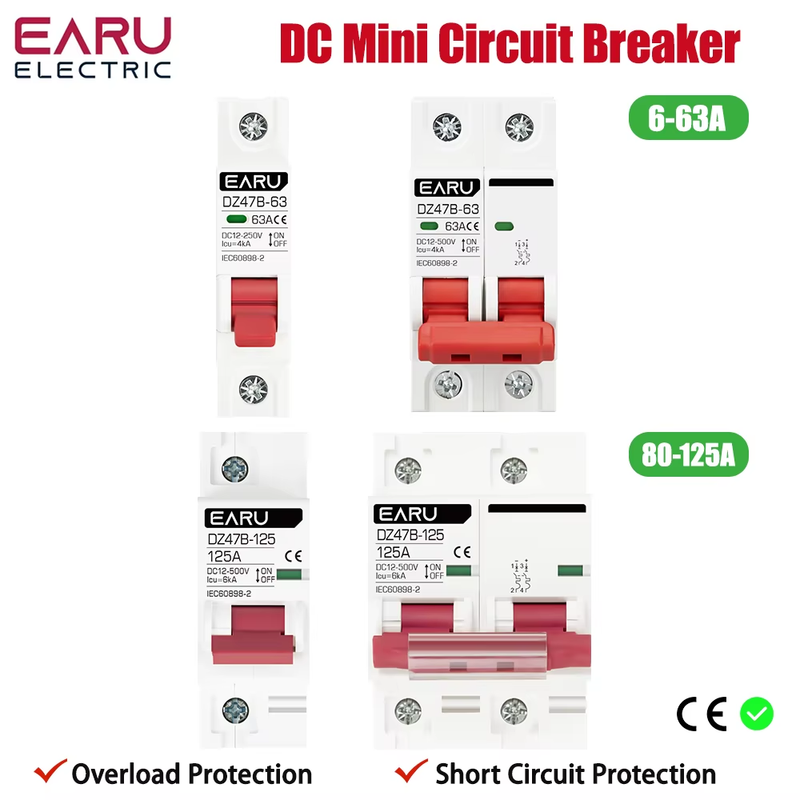 1P 2P DC MCB 12V 24V 48V Circuit Breaker Battery Car Protector DZ47 DC Positive