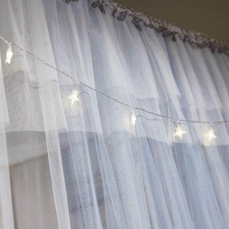 Luxury 4 Corners Post Canopy Bed Curtains - Grey & White Cozy Drape Netting - Cu