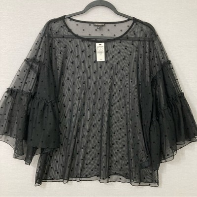 New Express Black Polka Dot Round Neck Sheer Ruffle Sleeve Mesh Top Large