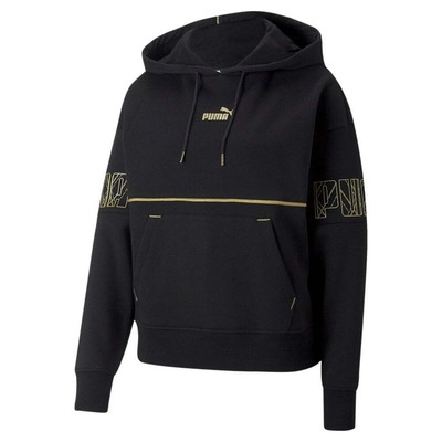 

Puma Power Deco Glam Logo Pullover Hoodie Женская черная повседневная верхняя одежда 67175601, Черный