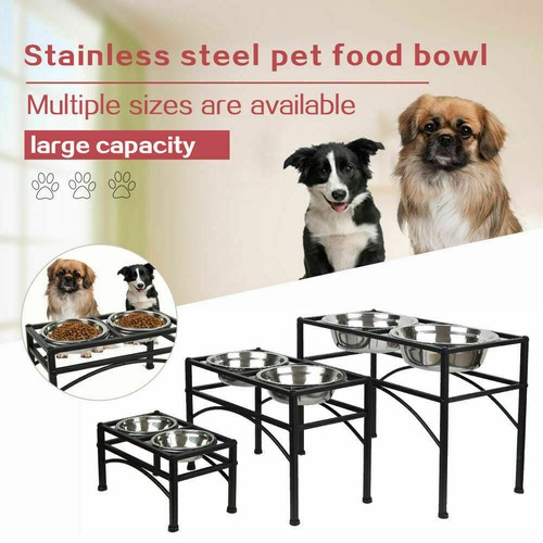 Elevated Raised Pet Dog Feeder Dish With 2 Stainless Steel Food Water Stand Tray