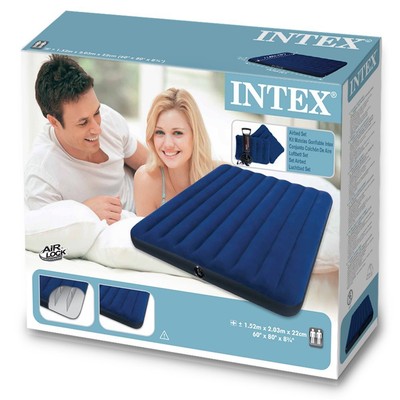 INTEX CLASSIC DOWNY AIRBED SET WITH 2 PILLOWS AND DOUBLE QUICK HAND PUMP QUEEN