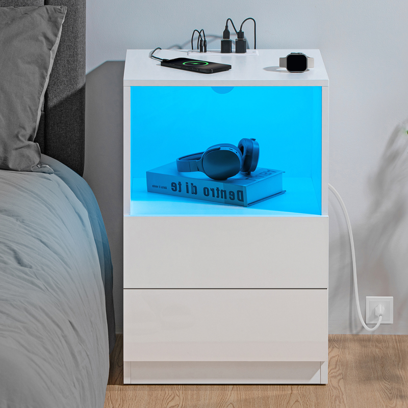 With Charging Station 2 Drawers Bedside Table Rgb Led