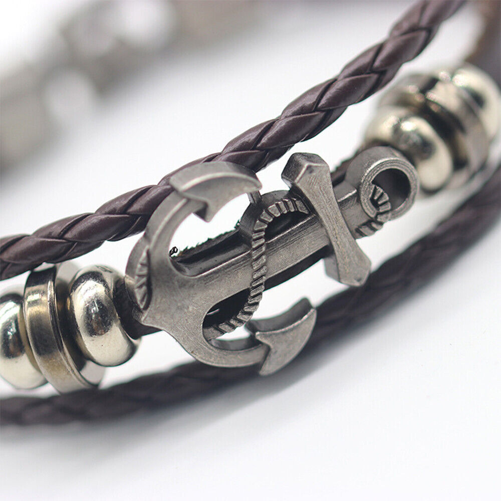 Mens Womens Braided Leather Bracelet Stainless Steel Clasp Wristband Jewelry Set