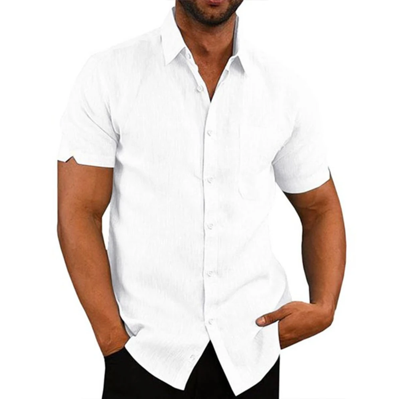 Cotton Linen Hot Sale Men'S Short-Sleeved Shirts Summer Solid Color Turn-Down Co