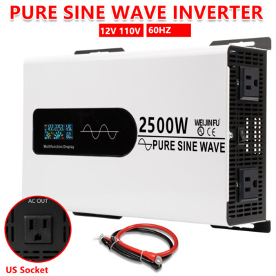 2500W Pure Sine Wave DC 12V 110V 120V AC Power Inverter LCD Cable Car Boat 5000W