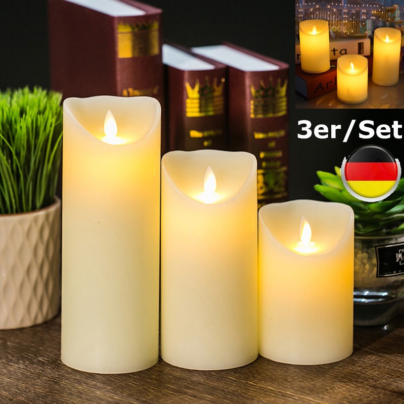 3er Set LED Echtwachs flackernde flammenlose Kerzen Design 3D Bewegliche Flamme