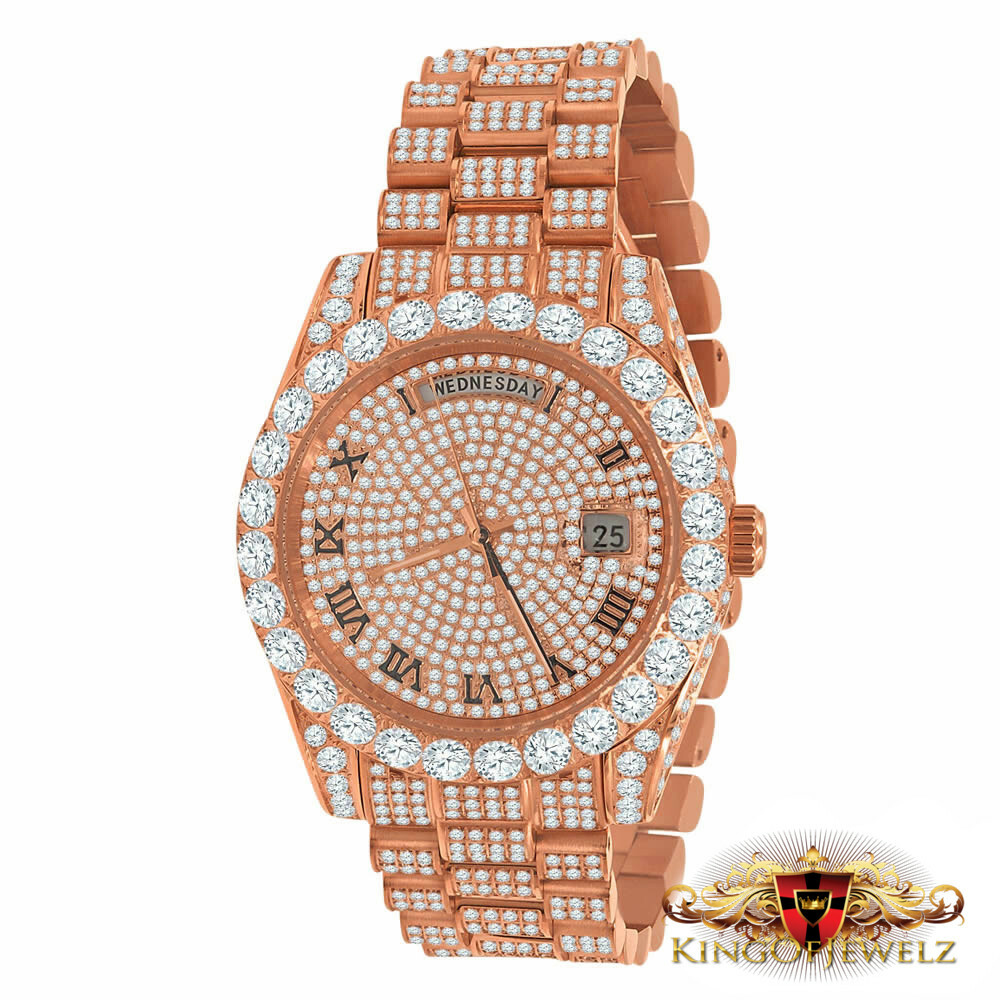 Pre-owned Bling Master 18k Rose Gold Finish Solid Stainless Steel Day & Date Roman Dial Solitaire Bezel