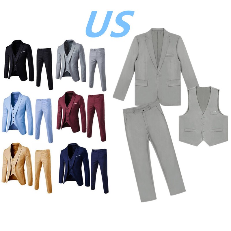 US Mens 3 Piece Slim Fit Formal Suit Blazer Long Sleeve Jacket Vest Pants Outfit