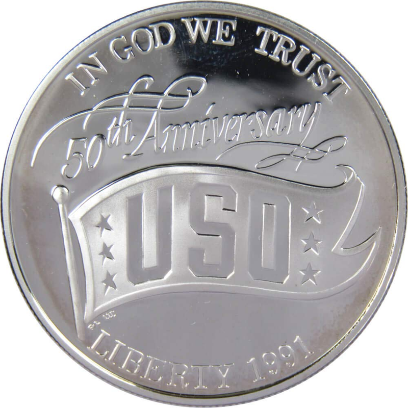 USO 50Th Anniversary Commemorative 1991 S 90% Silver Dollar Proof
