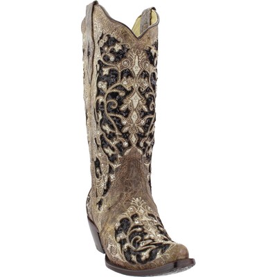Pre-owned Corral Boots Sequins Tooledinlay Snip Toe Cowboy Womens Brown Dress Boots A3569