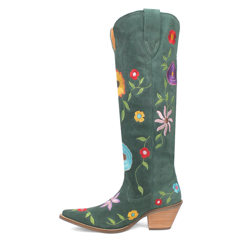 Pre-owned Dingo Flower Power Embroidered Floral Snip Toe Cowboy Womens Green Casual Boots
