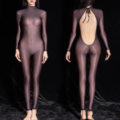Womens Sheer Oil Shiny Glossy Bodysuit Nylon Catsuit Lingerie Backless Jumpsuit
