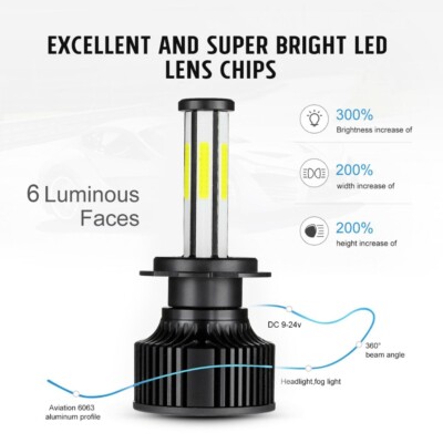 6-side H7 LED Headlight Bulb Conversion Kit High Low Beam Lamp 6000K Super White