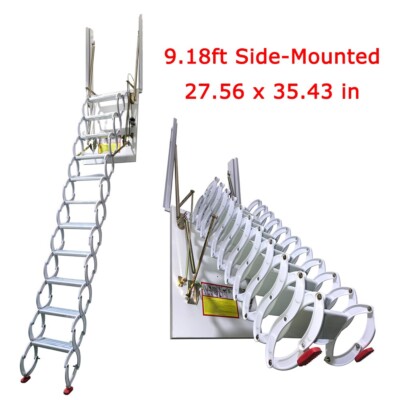 White Attic Ladder Loft Wall Folding Stairs 9.18ft Side-Mounted Pull Down Ladder