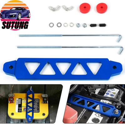 Blue Aluminum Car Battery Hold Tie Down Bracket Mount Kit + 10'' J-Hooks Bolts