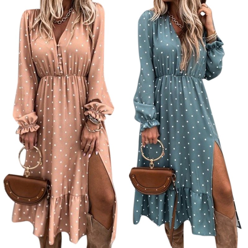 Damen Polka Dot Langarm Maxikleider Urlaub Freizeitkleid Strandrock Sommerkleid