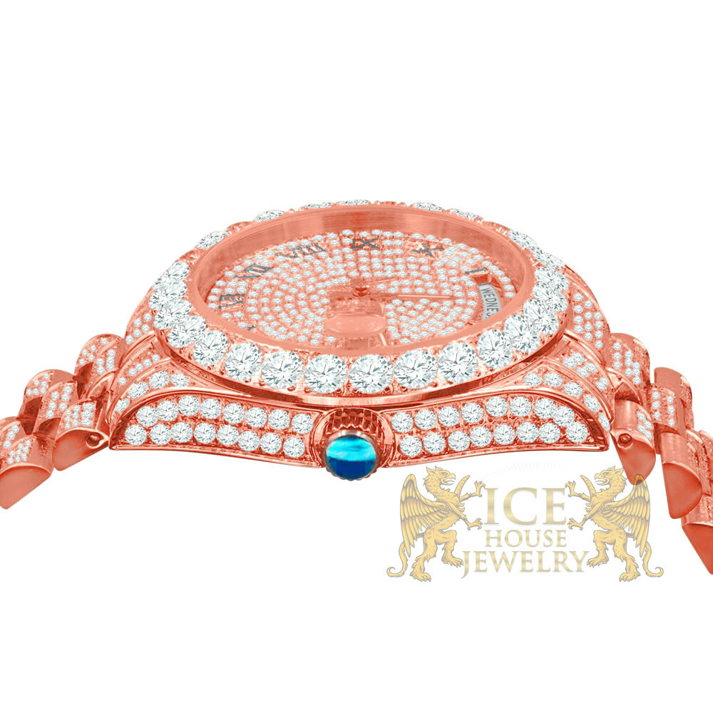 Pre-owned Bling Master Solid Stainless Steel Solitaire Roman Dial 18k Rose Gold Day & Date Men's 40 Mm