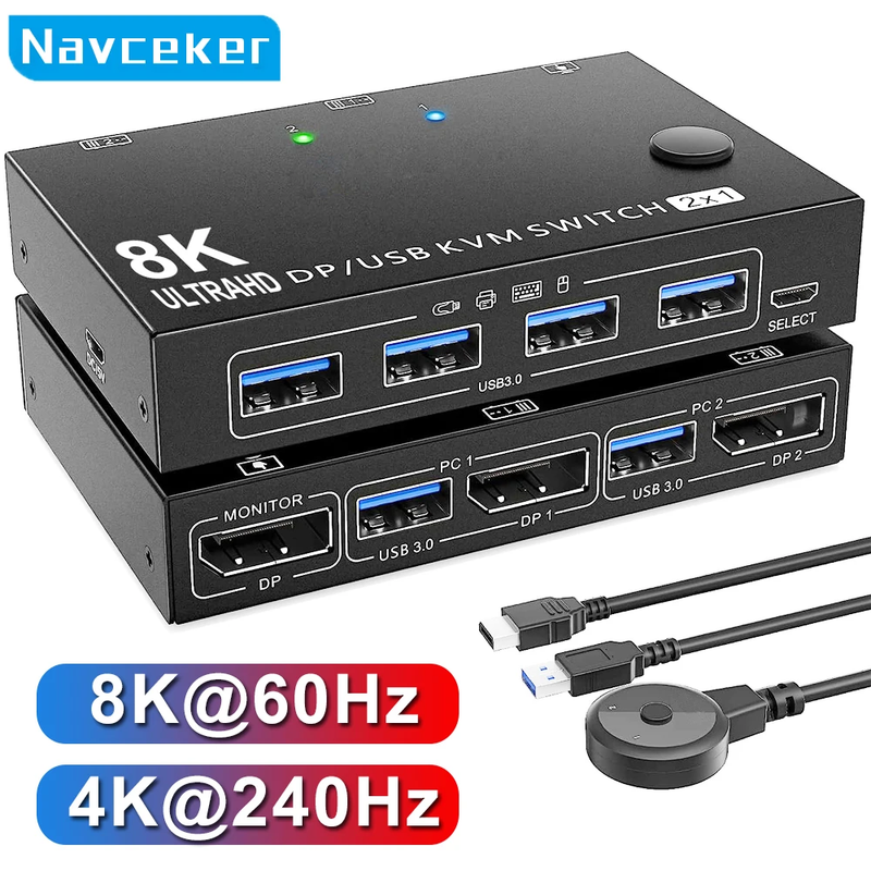 4K 240Hz DisplayPort KVM Switch 2 Port 8K 60Hz DP Video USB Switcher for 2 Deskt