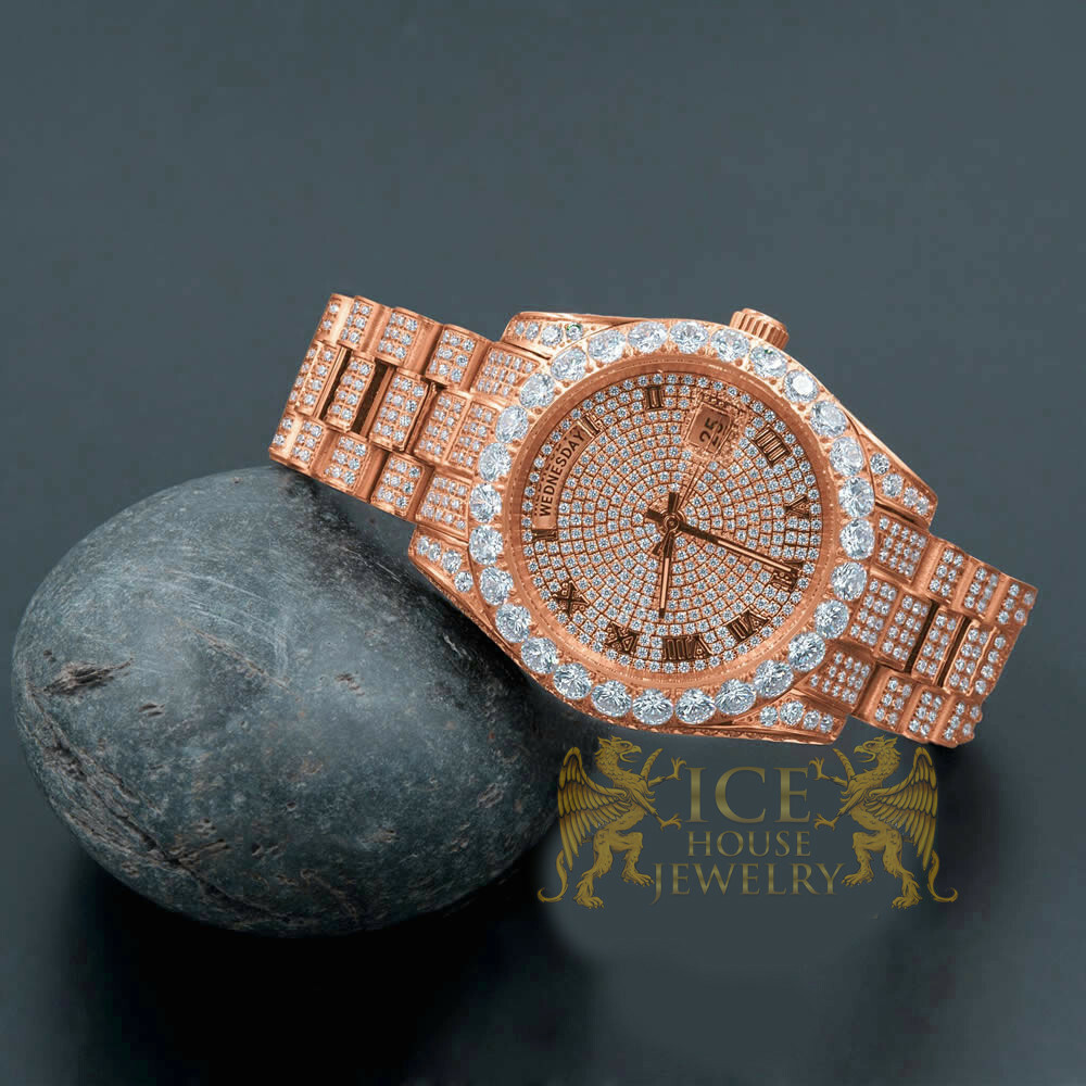 Pre-owned Bling Master Solid Stainless Steel Solitaire Roman Dial 18k Rose Gold Day & Date Men's 40 Mm