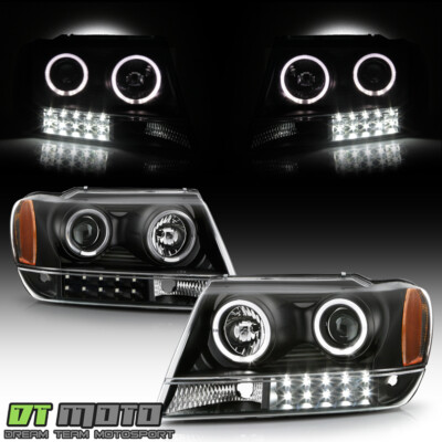 Blk 1999-2004 Jeep Grand Cherokee LED Halo Projector Headlights 99-04 Left+Right