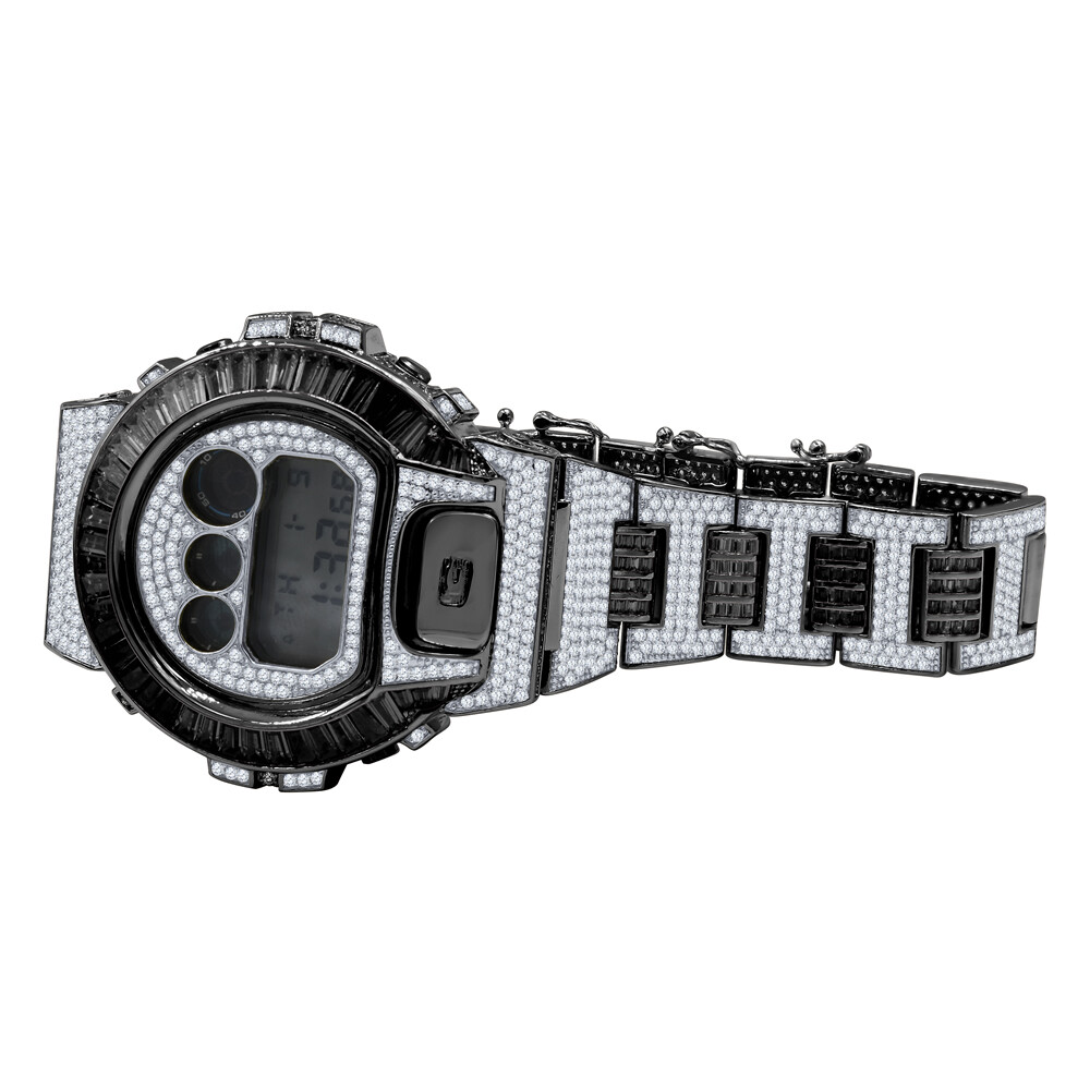 Pre-owned Usdiamondking Baguette 2 Tone Black Gold Casio Digital Shock Authentic Dw-6900 Custom Watch