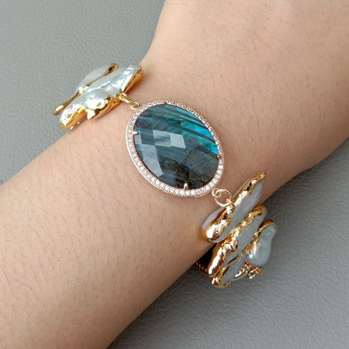 Natural Blue Lapis Bezel Set White Biwa Pearl Gold Plated Bracelet 8/'/'