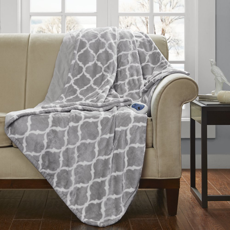 Electric Heated Throw Blanket Oversized Gray Soft Plush Auto Shutoff 60
