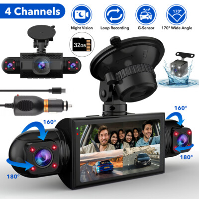 4 Channel Dash Cam 4K Driving Recorder Car Front+Rear Camera G-Sensor +32GB Card