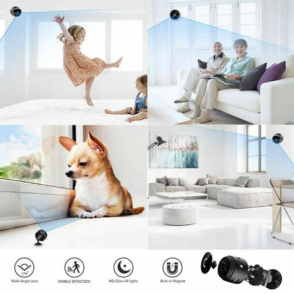 Security camera in various home settings with features icons.