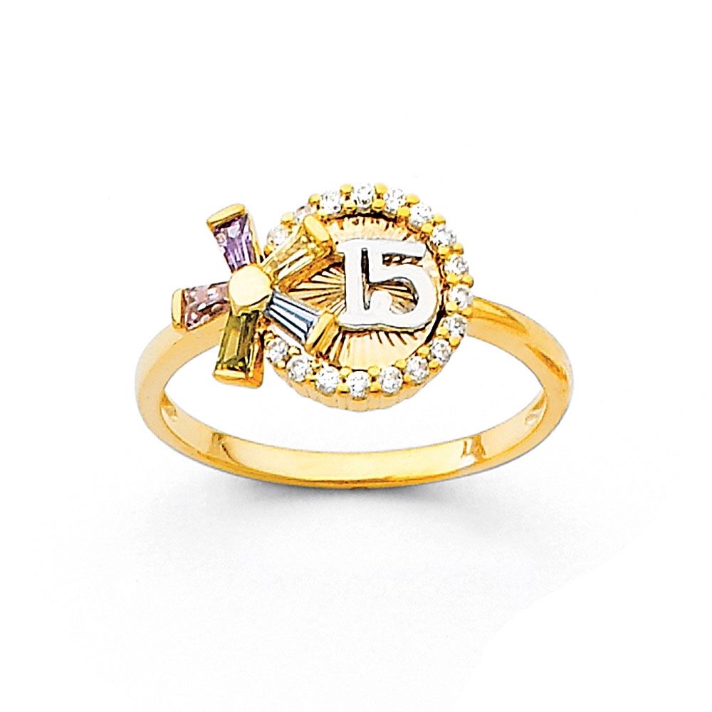 15 Birthday Ring Solid 14k Yellow Gold Quinceanera Band CZ Flower Fancy