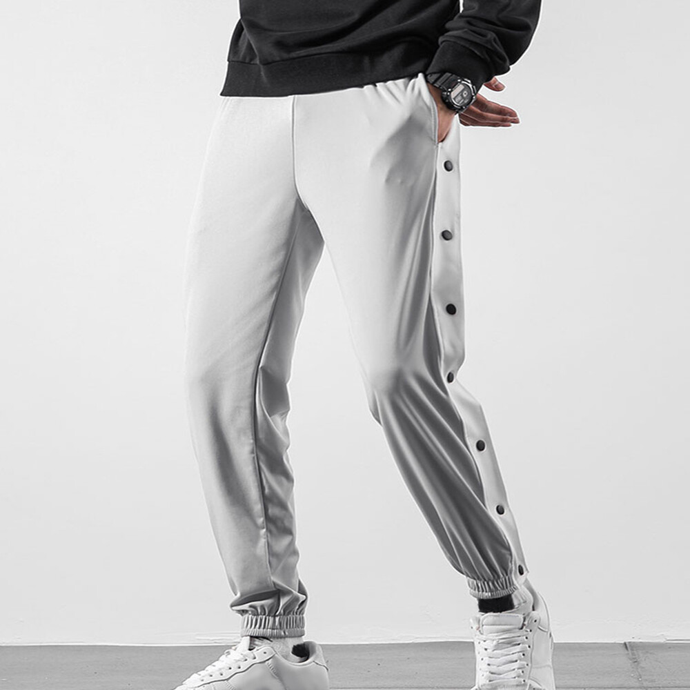 Men Tapered Pants Side Full Button Athlete Sports Gym