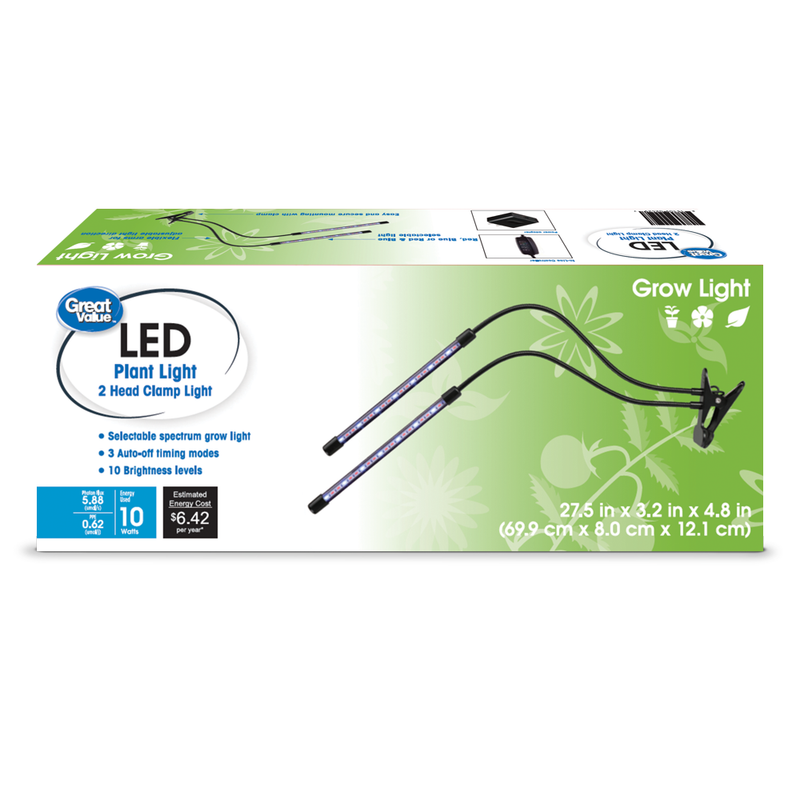 Great Value 2-Head Flexible LED Clamp Grow Light, 10W Selectable Spectrum
