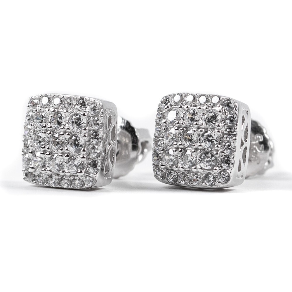 Pre-owned Sterling Men's Small Cube Square 925  Silver Iced Cz Hip Hop Stud Earrings In White/colorless