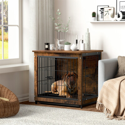 Large Dog Crate Wooden Kennel Heavy Duty Cage with Tray End Table Pet Furniture