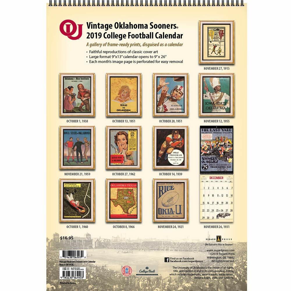 2019 Vintage Oklahoma Sooners Football Wall Calendar - BRAND NEW!