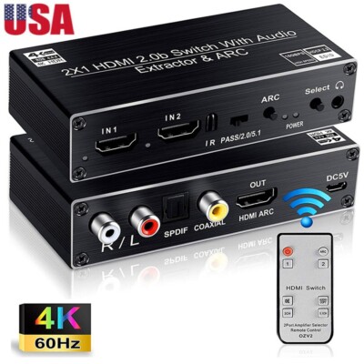 2x1 HDMI Switch 2.0 Switcher HDR with Audio Extractor & ARC Support HDCP 2.2 US
