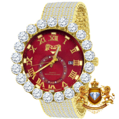 Pre-owned Ice House Real Diamond Roman Dial Gold Tone Red Face 10 Row Custom Band Bezel Watch 55mm