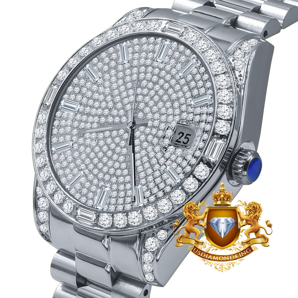 Pre-owned Bling Master Solid Steel 18k White Gold Tone Baguette Simulated Diamond President Watch 40mm